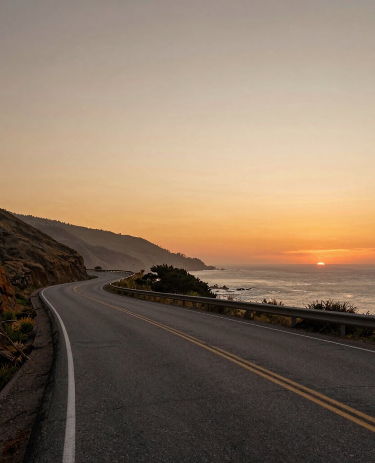 A soulful landscape photograph of a winding North American coastal road at sunset. The sky is a blend of soft beige and burnt orange. The composition is wide and peaceful, reflecting a trop rock and folk aesthetic.