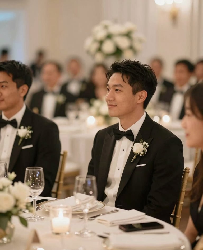 A high-quality event photograph capturing a candid, storytelling moment at a wedding reception. Elegant bokeh, warm #F7F5F0 lighting, and sophisticated black-tie details.