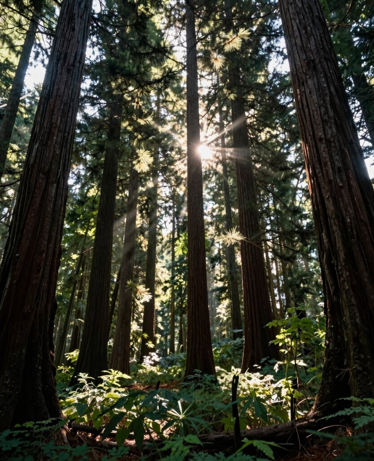 Cinematic wide shot of an old-growth forest in the North American West, sunlight rays breaking through thick trunks of Douglas firs, lush ground cover, serene and modern photography style.