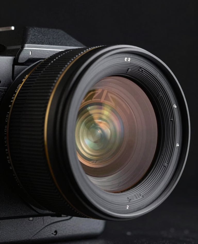 A minimalist, artistic close-up of a high-end cinema camera lens focusing on a reflection of a traditional Angolana cultural pattern. The camera is charcoal grey #4C4C4C with subtle golden #B89F6B details on the rings, set against a deep black #0A0A0A background.