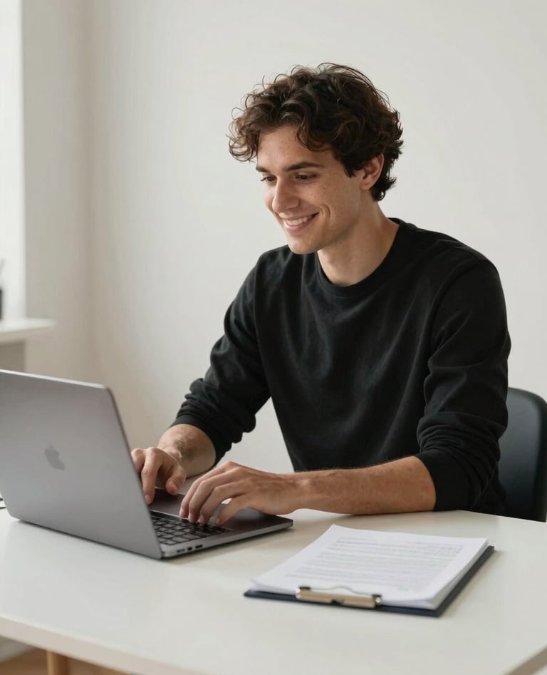Photography of a professional web designer working at a minimalist desk with a sleek laptop in a bright North American / US home office. Mood is friendly and focused. Palette consists of deep black, soft off-white, and charcoal.