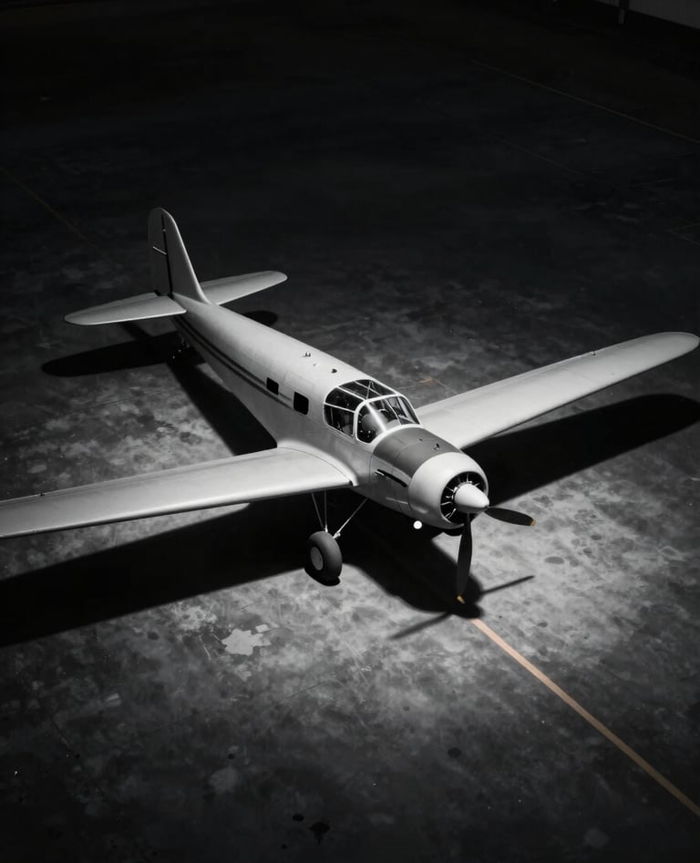 An overhead view of a vintage propeller plane on a dark tarmac, lit by a single spotlight to emphasize its silhouette. Sophisticated atmosphere with #1C2833 shadows and #F8F8F8 highlights.