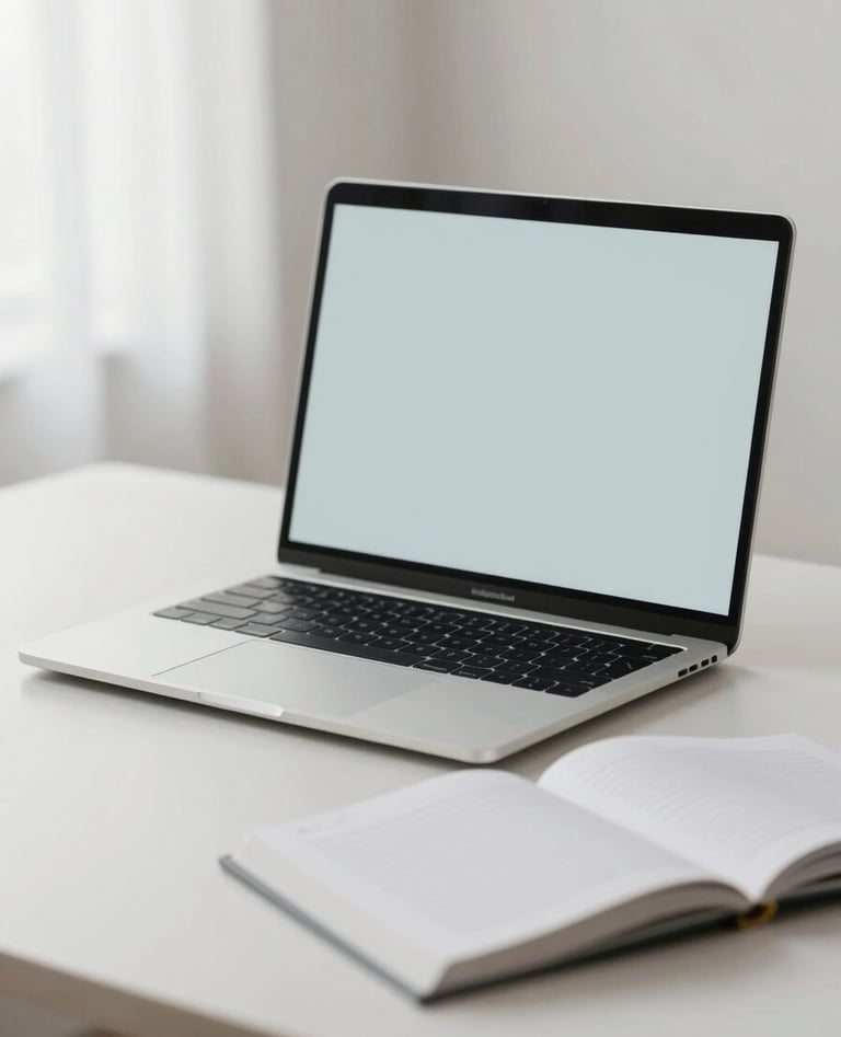 A high-end, minimalist workspace with a sleek laptop, a single design book, and a neutral-toned desk. The style is clean and professional, featuring a palette of #F0F4F4 and #3F5E5C with soft, diffused morning light.