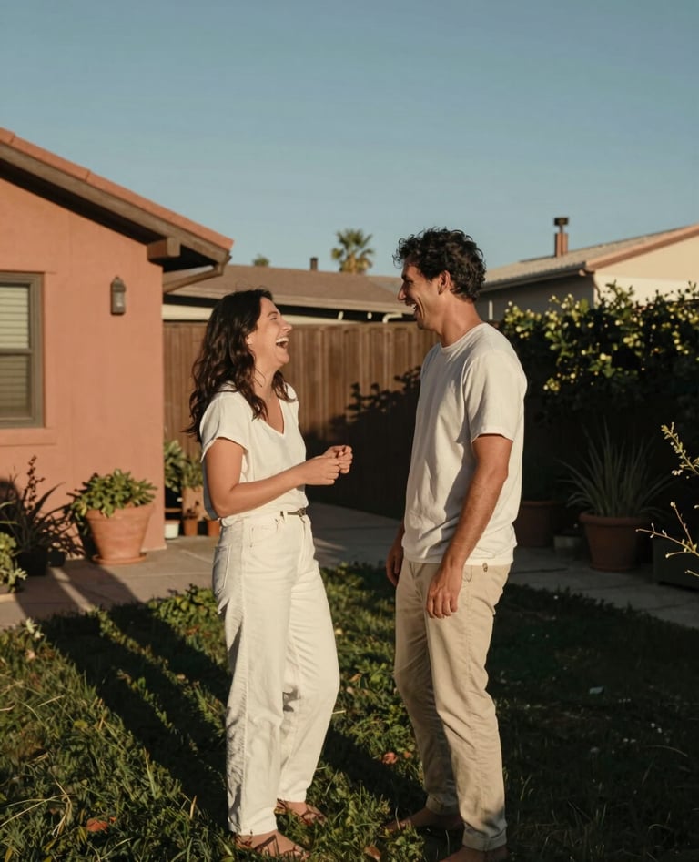 A candid, cinematic wide-angle shot of a couple laughing together in a sun-drenched North American / US backyard garden. The light is a warm terracotta glow. Colors: off-white clothing, charcoal shadows, sky blue accents.