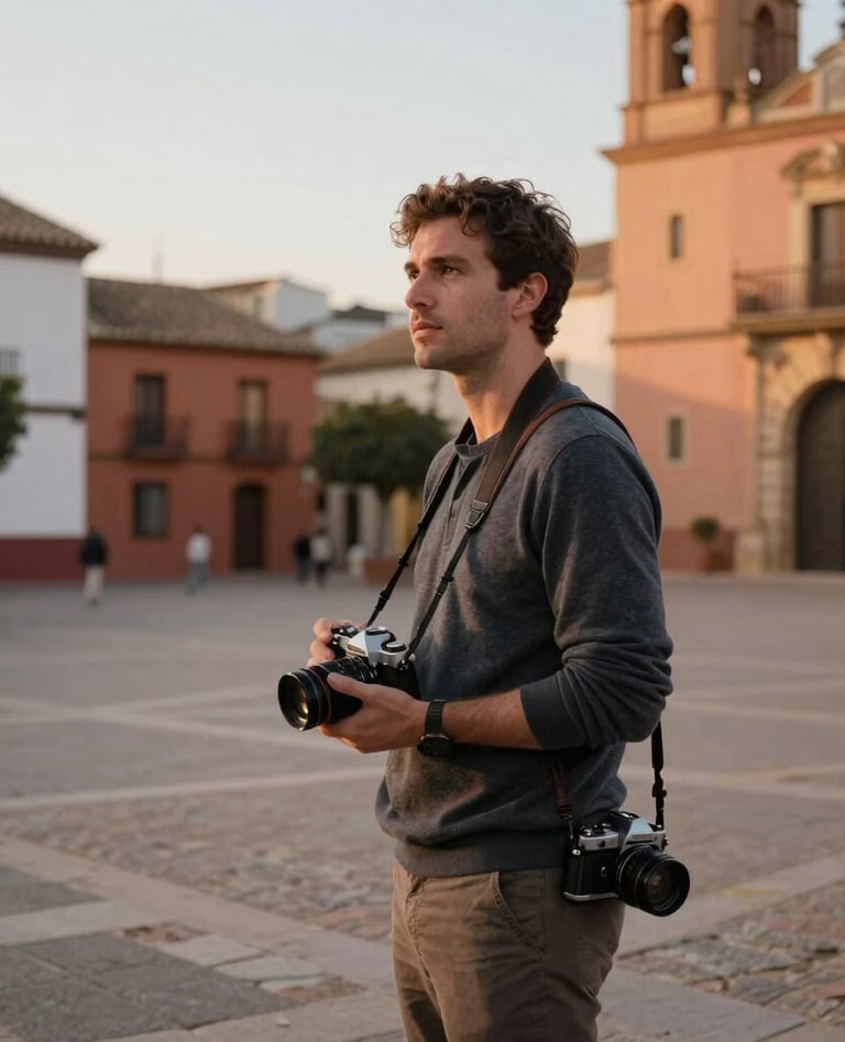 A cinematic vertical portrait of a lifestyle photographer with an analogue camera hanging from his shoulder, standing in a historic Spanish village plaza during a warm golden hour, Spain / Southern Europe. Soft terracotta walls, natural and inviting style.