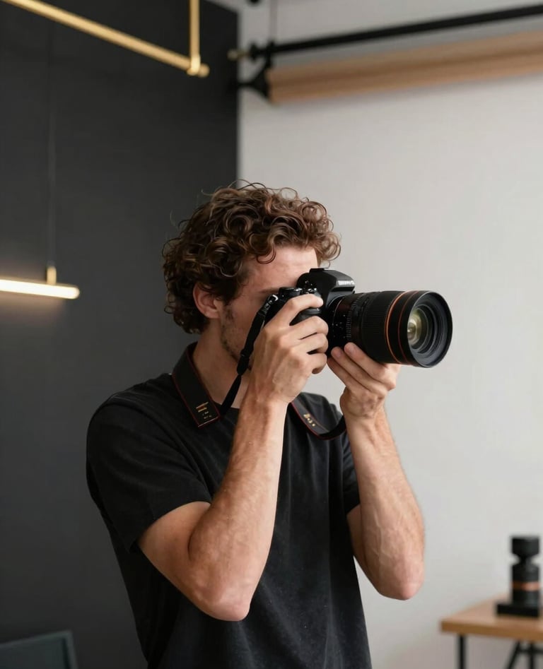 A professional photographer in a modern Turkish / Istanbul studio setting, holding a professional camera. The background is a minimalist mix of deep charcoal black and soft off-white with metallic warm gold lighting fixtures.