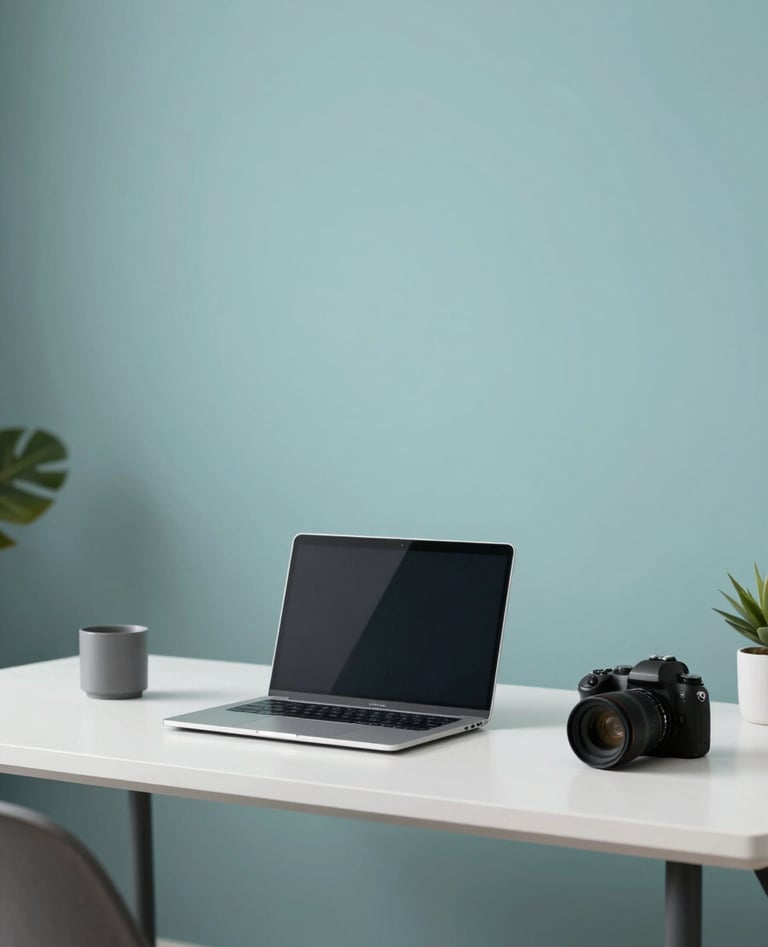 Wide shot of a minimalist home office with a laptop and professional camera. The scene is bathed in cool tones of #98C1D9 and #1A202C. High-end, clean, and modern workspace vibe.