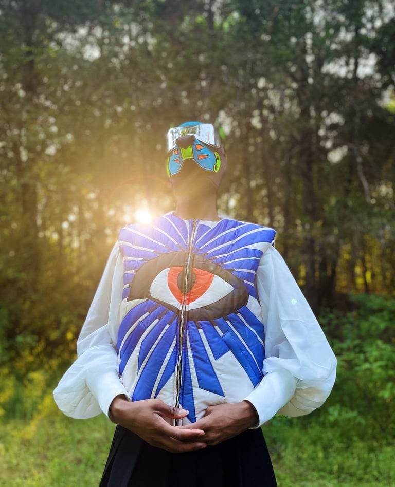 Man in pup mask and embroidered eye jacket posing in sunset.