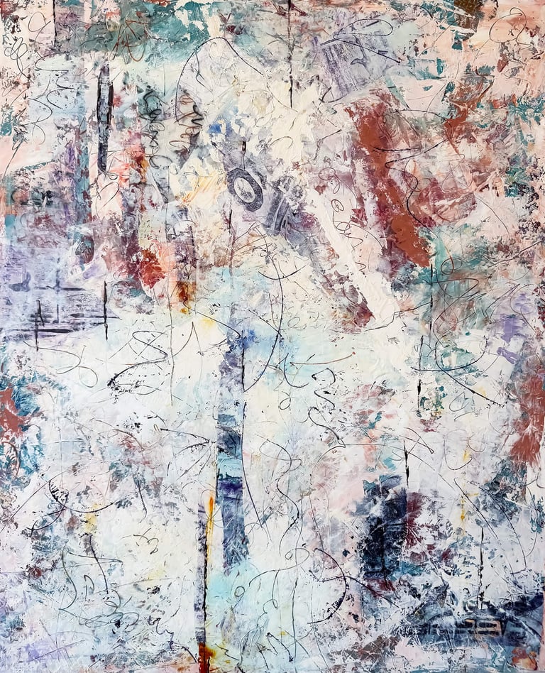 Abstract expressionist mixed media painting featuring textured layers of white, blue, and terracotta with gestural scribbles.