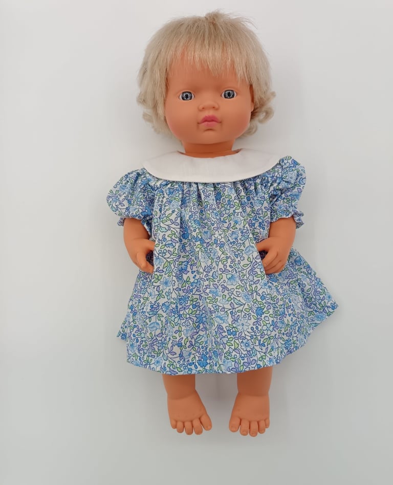 Miniland doll in blue floral handmade dress