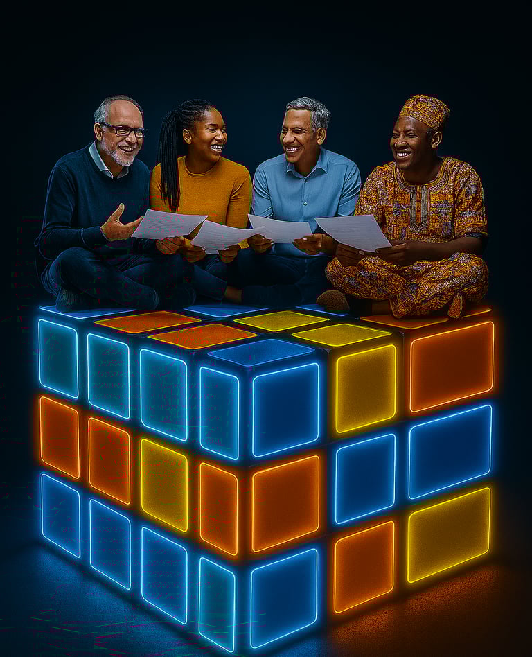 a group of people sitting around a cube - like object