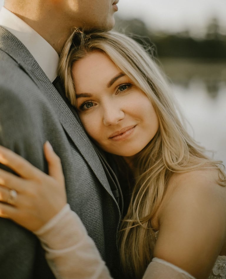 nuotaka žiūri apsikabinusi vyrą