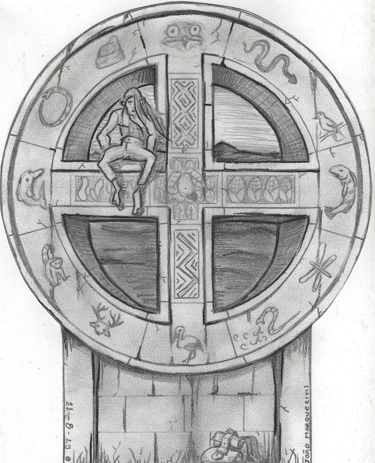Desenho de 2019 e Jaum a lápis sobre uma roda do ano de acordo com a cultura Tupi Antiga
