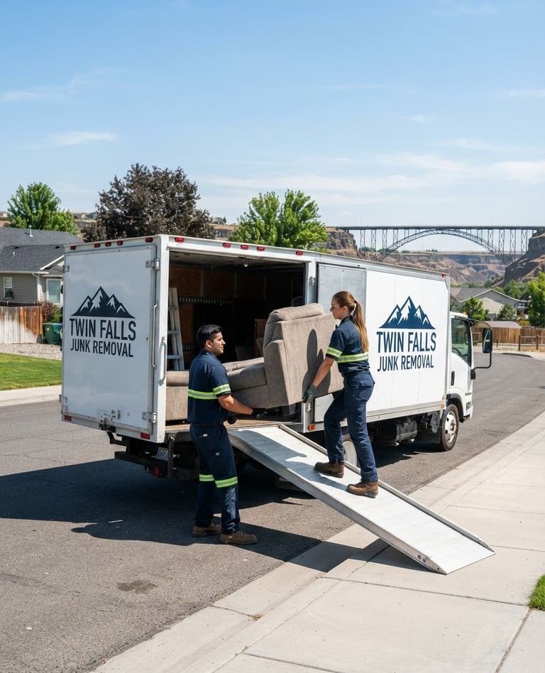 Professional crew in matching uniforms loading heavy furniture into a clean, branded junk removal truck, bright midday sun, wide environmental shot, Twin Falls, Idaho backdrop