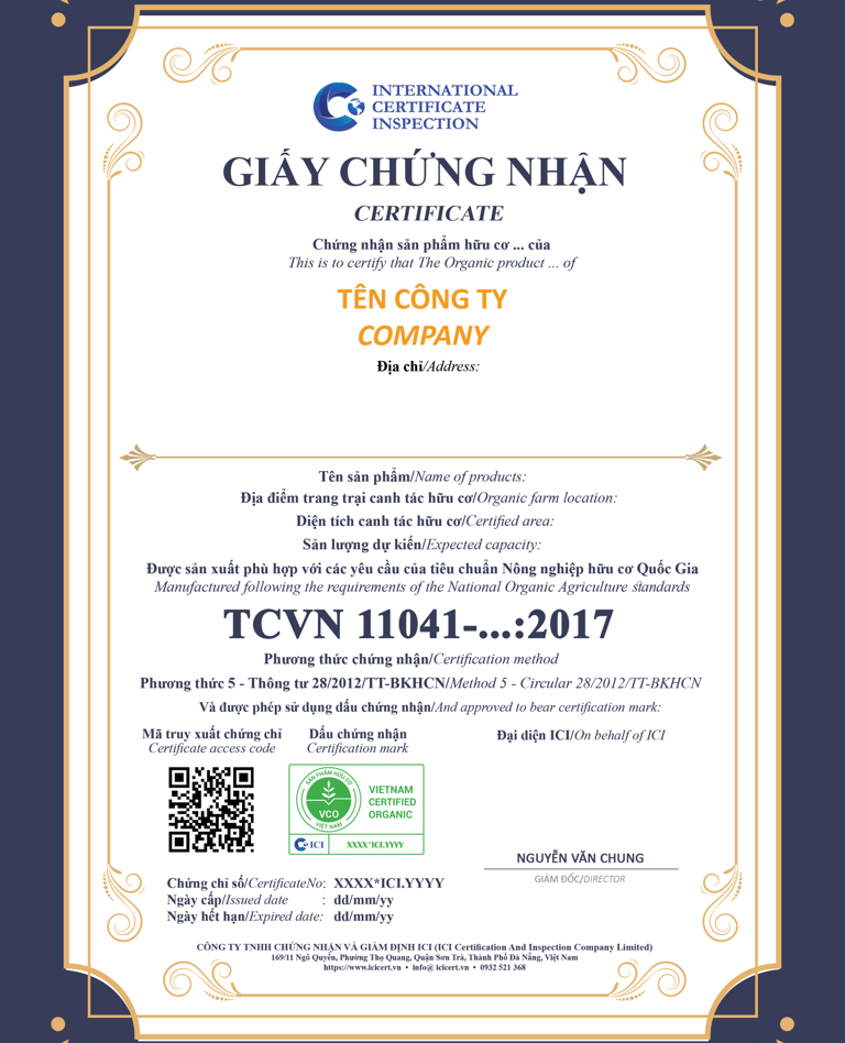 Mẫu giấy chứng nhận sản phẩm hữu cơ