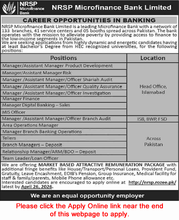NRSP Microfinance Bank Jobs 2026 April Apply Online Pakistan Banking Jobs Tellers Branch Managers Relationship Managers
