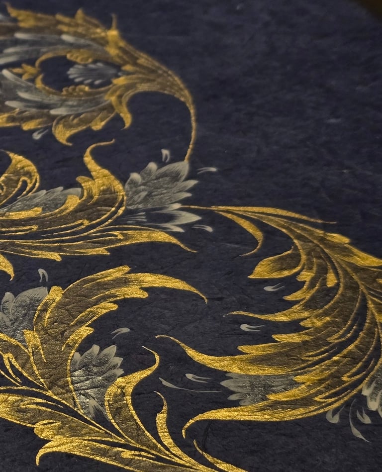 Close up of gold leaf texture on abstract painting by Niloofar K. Afshar.