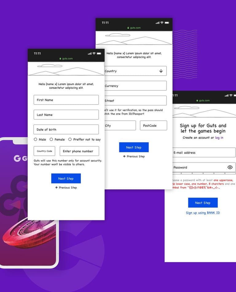 Guts mobile registration—multi-step conversational form screens on purple background