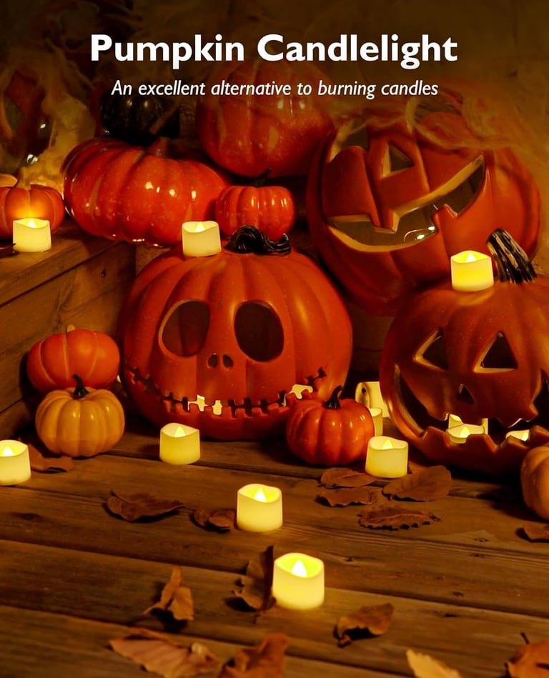 Homemory 24-pack flickering flameless LED tea lights, safe long-lasting candles for Halloween décor.