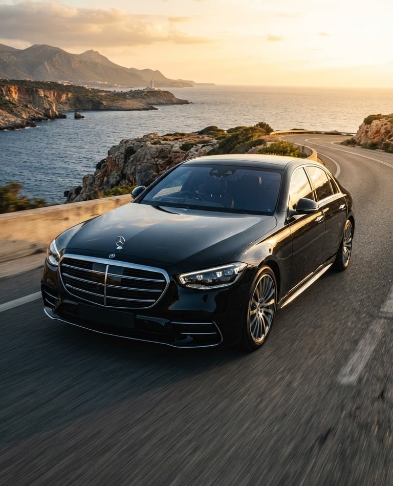 Low-angle heroic shot of a gleaming black Mercedes-Benz S-Class sedan on a scenic Northern Cyprus coastal highway at golden hour, polished car paint reflecting the sun, sleek and luxurious.