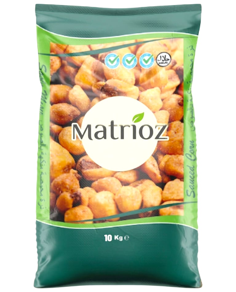 A 10kg bulk bag of Matrioz salted corn snacks with a transparent window showing roasted kernels.