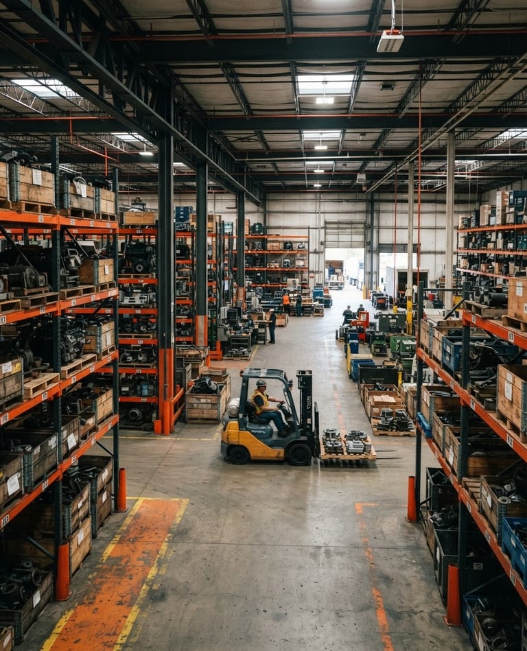 Wide panoramic shot of a well-lit industrial warehouse interior, racks filled with heavy-duty machinery parts, a forklift moving crates, high-contrast lighting, deep charcoal and safety orange accents, 35mm.