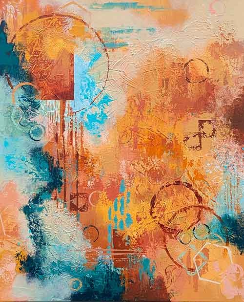 Textured abstract art in muted earth tones, siennas, bluish-green tones.