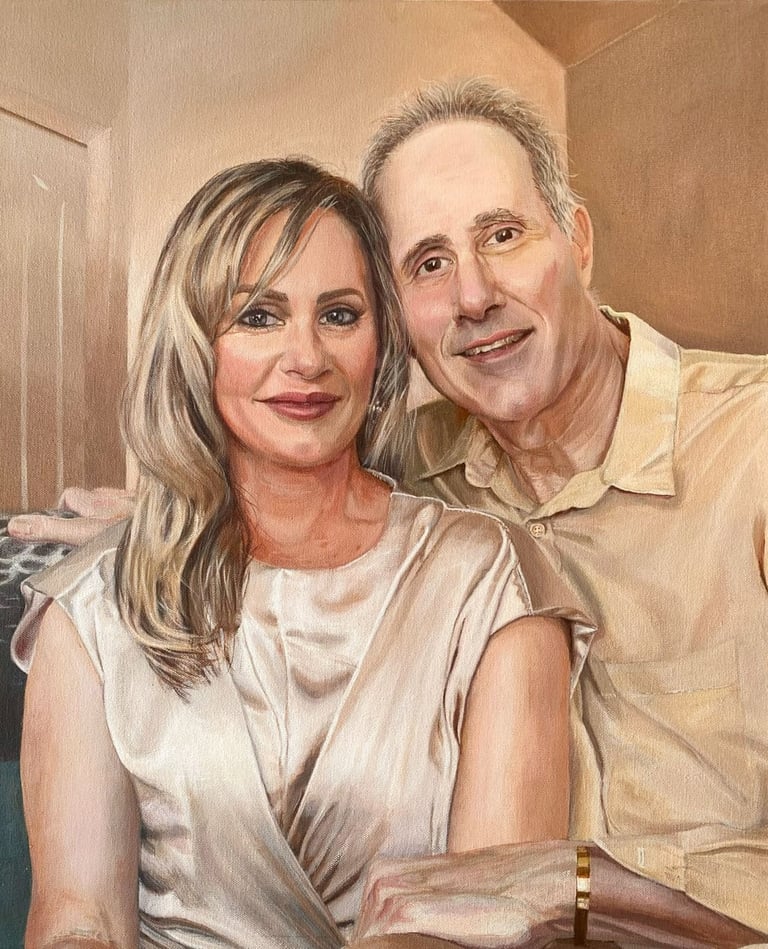 A hand-painted portrait of a happily smiling couple in a serene rose and taupe colour scheme.