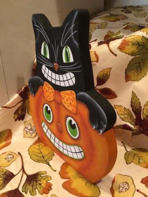 Karen Schaffert's original design called Spooky Cat & Jack, acrylics, black cat, pumpkin 