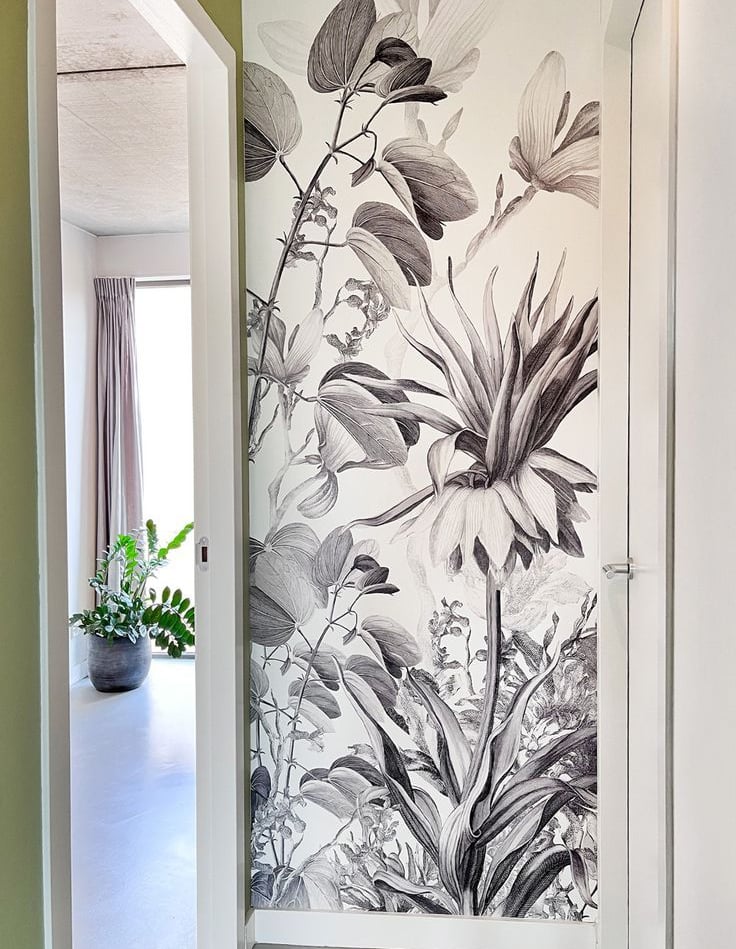 papier peint floral, décoration murale, porte coulissante, cloison décorative, intérieur moderne