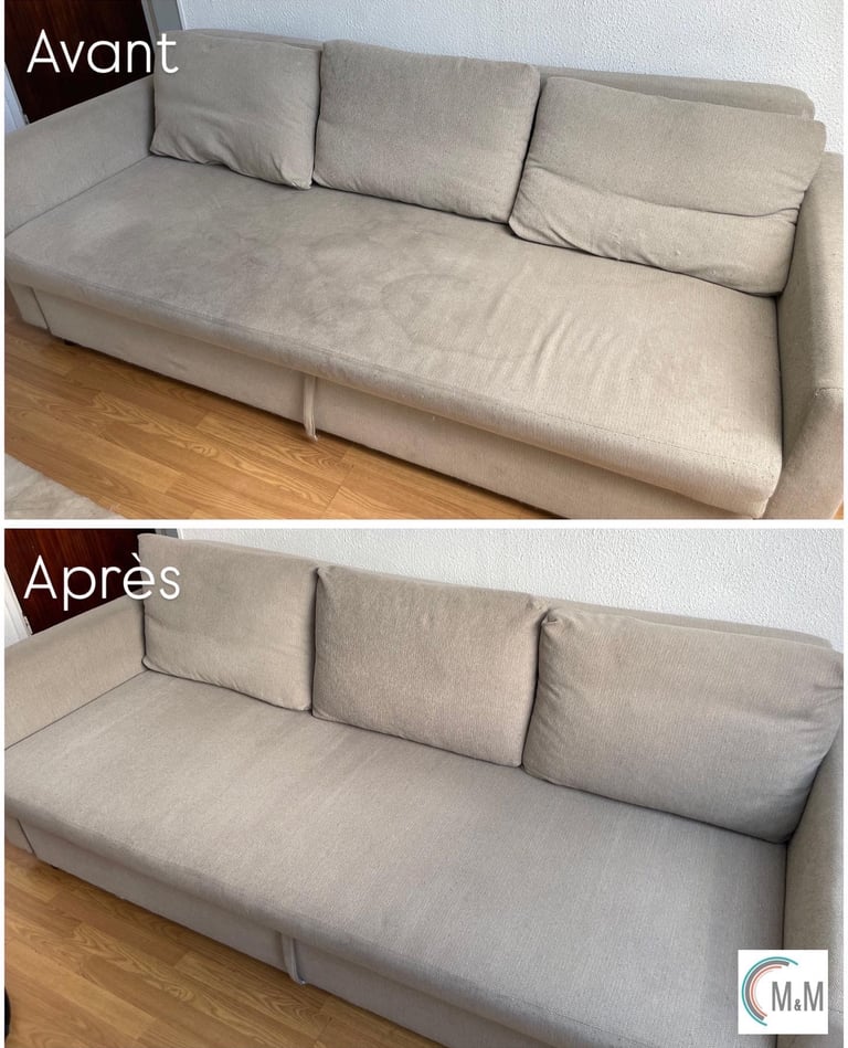 Avant après shampouinge d'une assise de canapé blanche nettoyage en profondeur à Rouen M&M Services 
