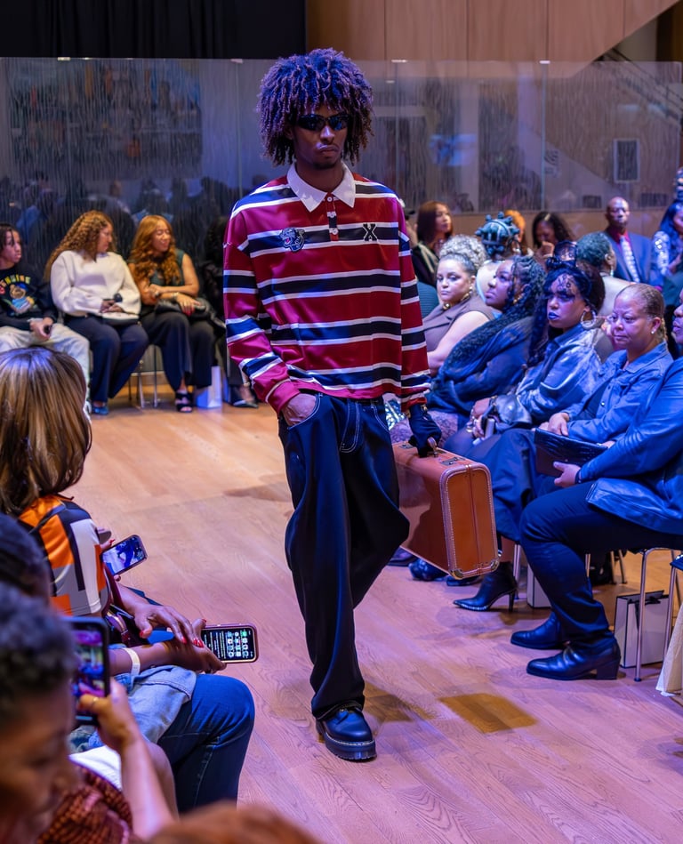 a man in a striped shirt and jeans walking down a runway