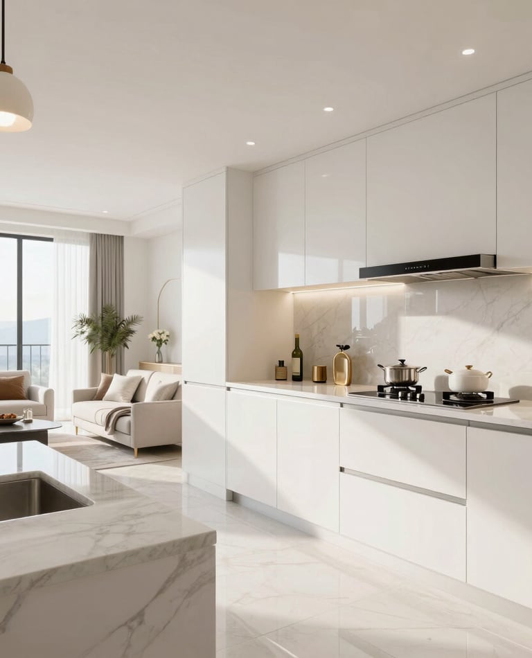 A pristine luxury kitchen and living area bathed in natural light, highlighting spotless surfaces and elegant decor.