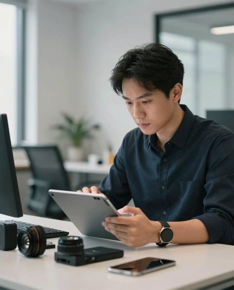 A focused professional in a modern North American office setting using a tablet to manage a fleet of mobile devices, with soft natural lighting and a clean desk.