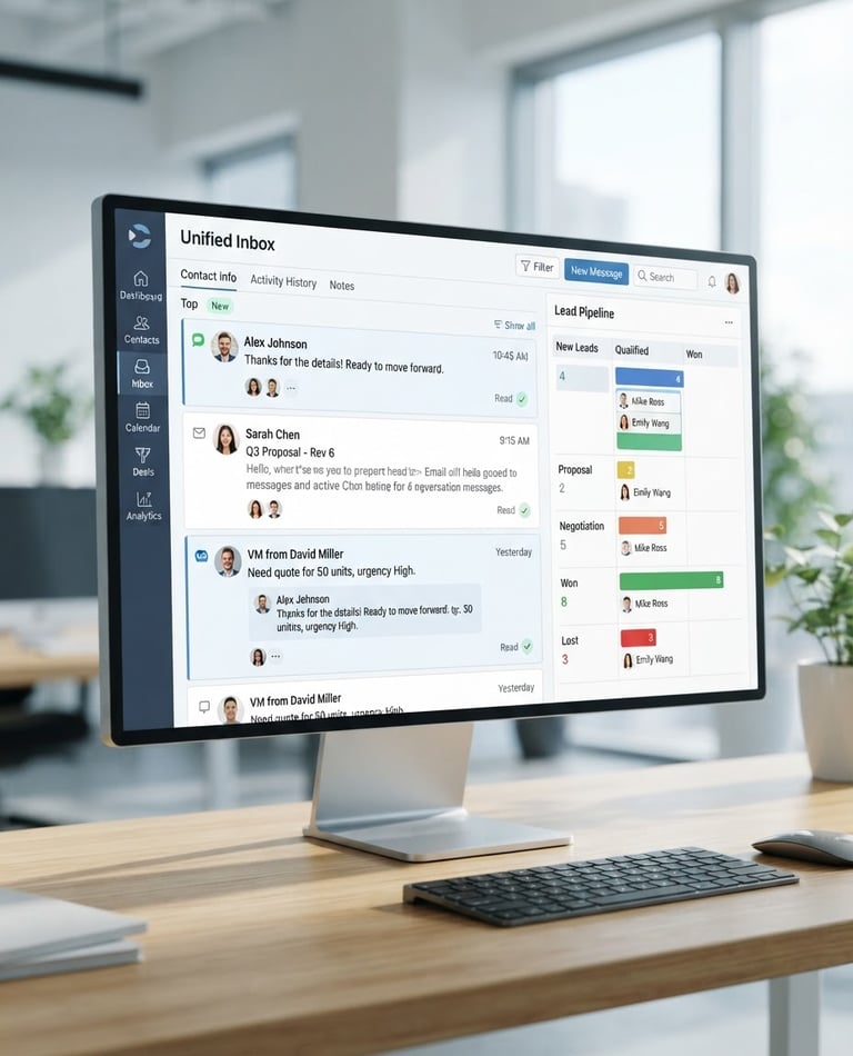 High-fidelity UI mockup of Rad CRM's unified inbox dashboard, showing SMS, email, and voicemail transcriptions in a single view, with lead management pipeline elements, bright natural daylight, clean white and deep slate blue tones, sharp focus, 35mm