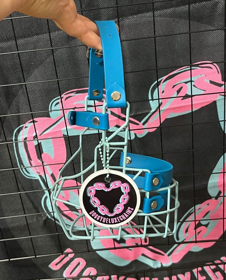 Bunter Maulkorb, Pulverbeschichtet in türkis passend Biothane vor Doggydeluxechains Logo