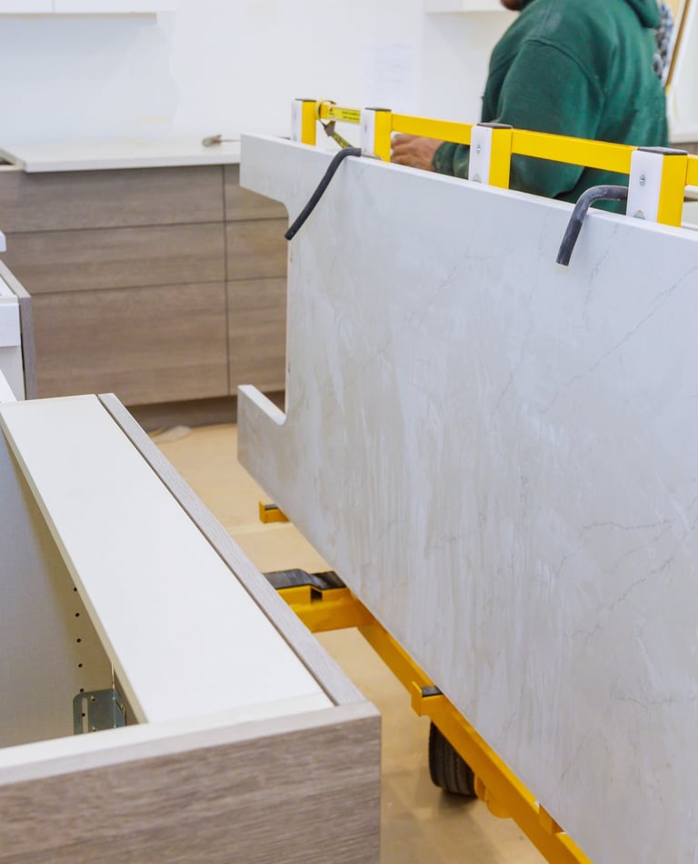 Pose d'un plan de travail dans une installation de cuisine neuve