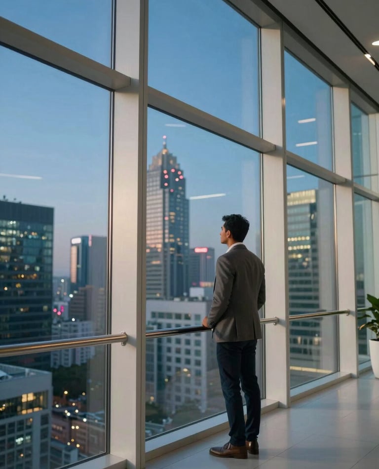 A cinematic wide shot of a modern, glass-walled office interior in a South Asian tech hub. A professional man in a smart-casual blazer stands by a window looking over a city skyline at dusk. Deep blue and off-white color palette.