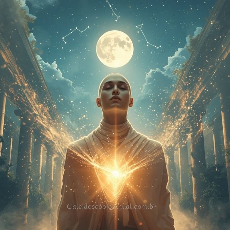 Jovem com bela luz saindo do chakra cardíaco com a Lua Cheia iluminado um local com várias colunas romanas