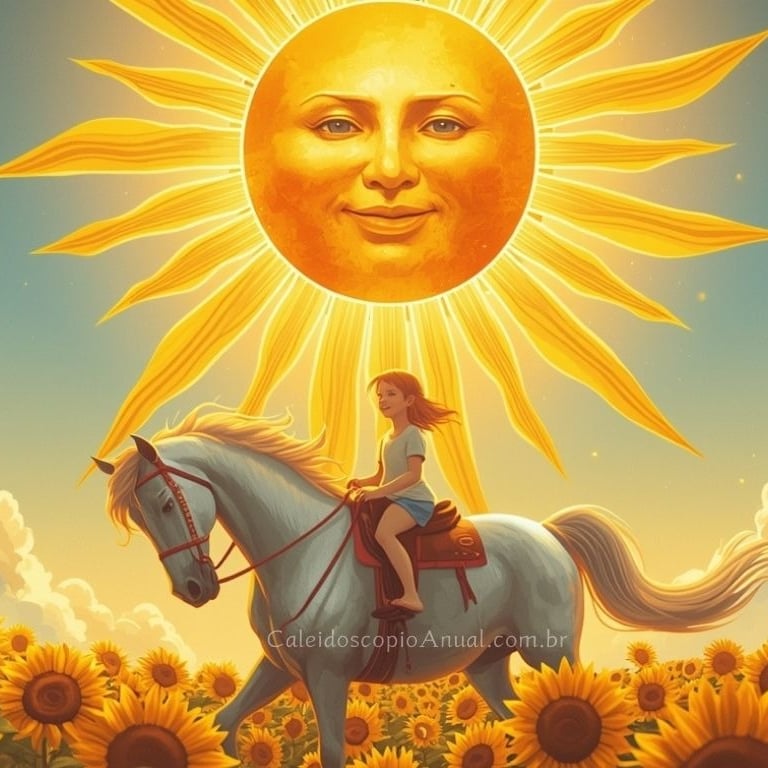 Sol com rosto iluminando uma criança montando um cavalo branco em um campo de girassol