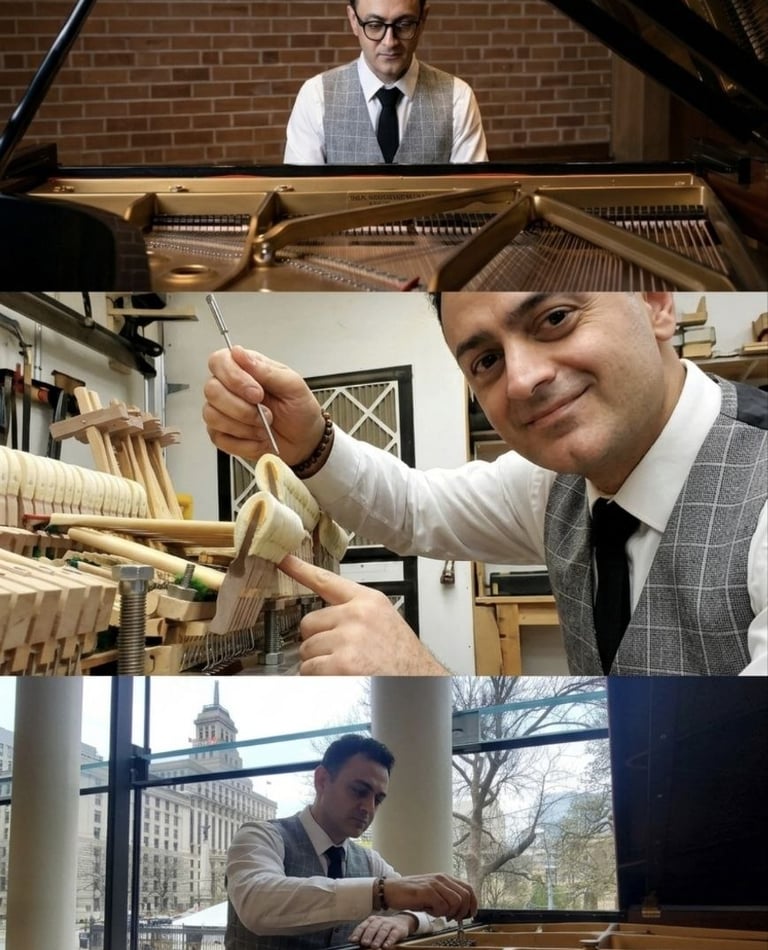 Professional piano technician performing piano tuning and mechanical repairs on a grand piano. 1 1
