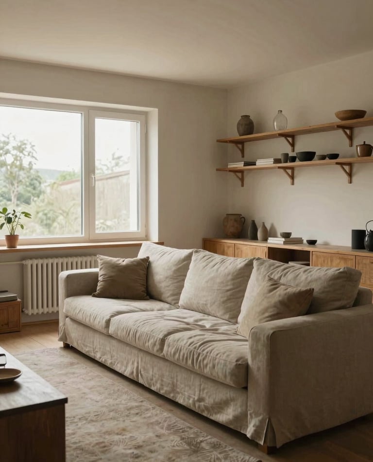 Wide environmental shot of a completed Romanian apartment living room, natural north-facing daylight through large windows, linen sofa with cushions in use, warm neutral plaster walls, oak shelving with lived-in objects, no people, camera positioned from room corner showing full space depth