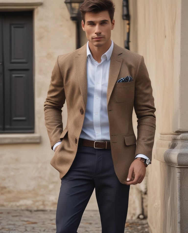 Minimalist men's jacket displayed on a wooden hanger against a neutral background.
