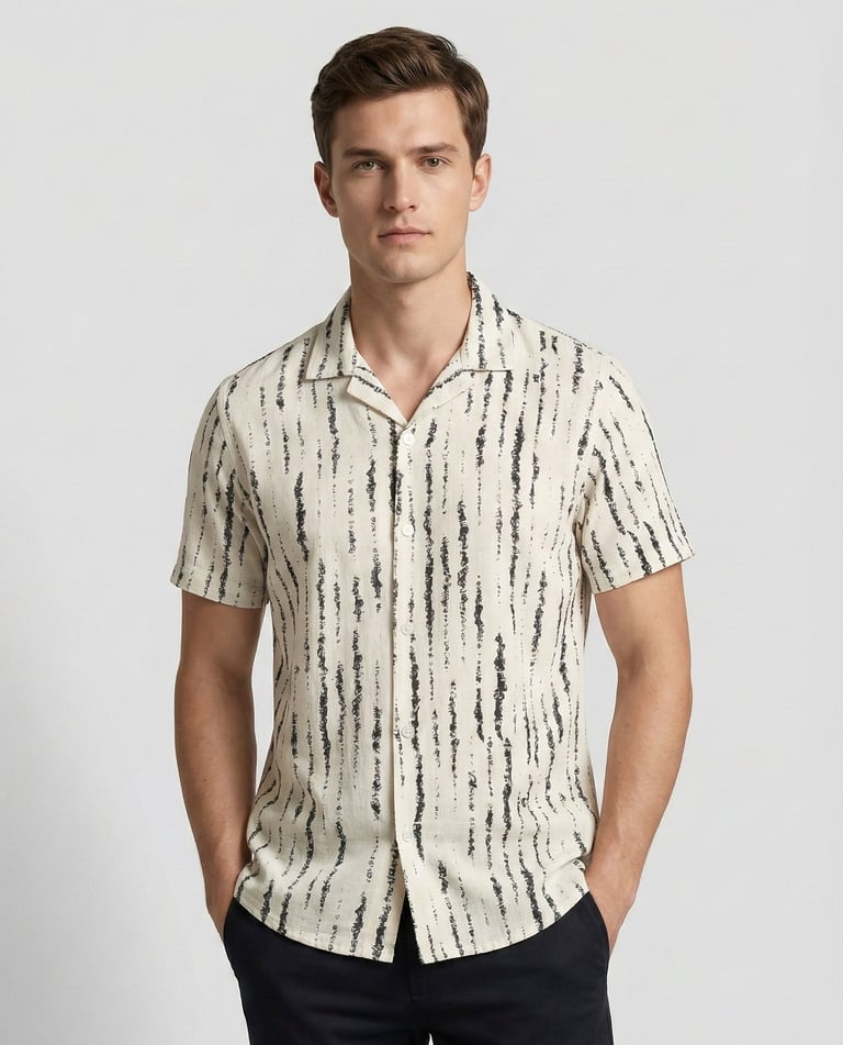 a man in a shirt and pants standing in front of a white wall