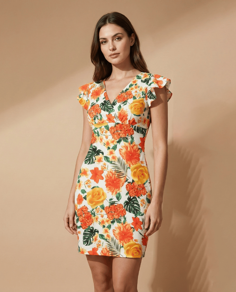 a woman in a floral dress standing in front of a wall