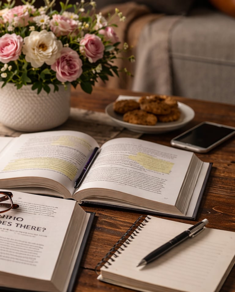 Open books on wood table with coffee, flowers, and cookies