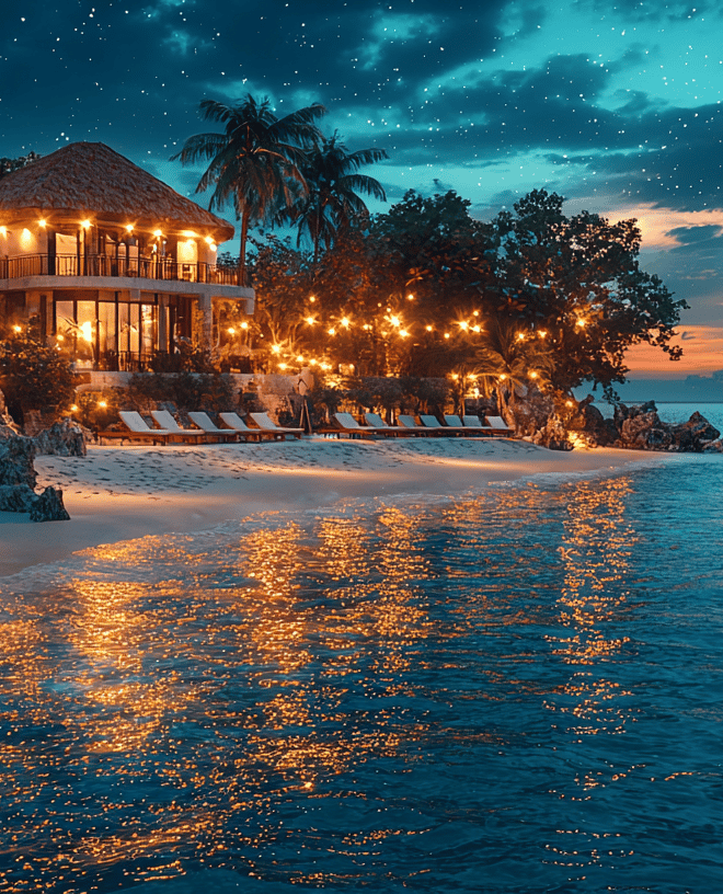 Visuel haut de gamme d’un hôtel boutique caribéen en bord de mer au coucher du soleil, architecture élégante et végétation tr