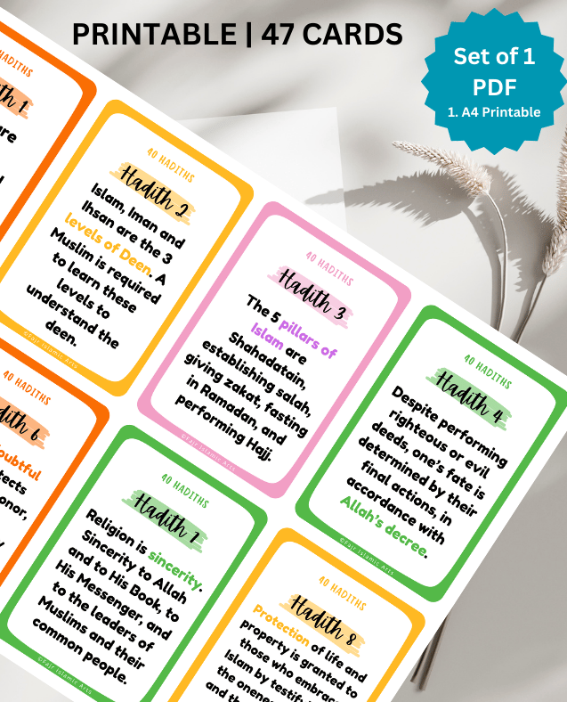 40 hadith for kids, 40 hadith of Imam An Nawawi, Hadith flashcards, islamic flashcards