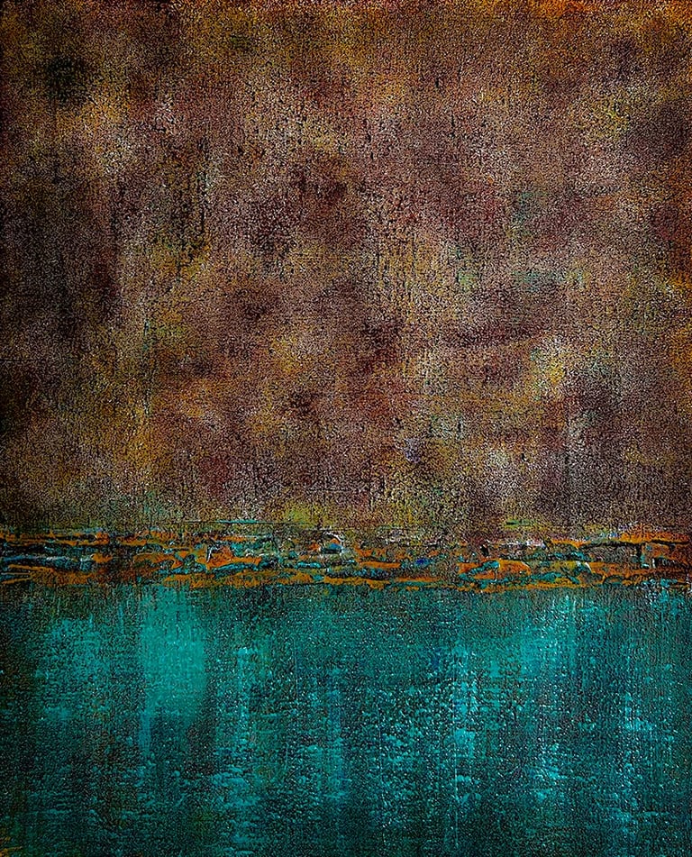Abstract landscape. Mixed media on wood. Abstract artwork Ditchling East Sussex. Laurence Moracchini artist.