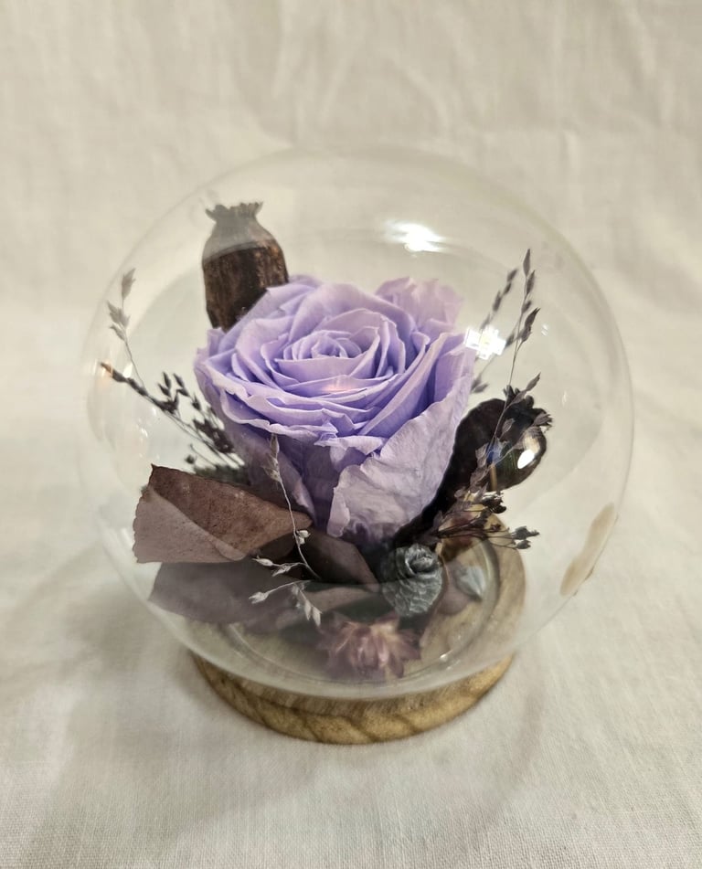 Rose éternelle et fleurs séchées, tons violet et bleu, sous cloche en verre ronde, créée par l'Ensorce'Fleurs
